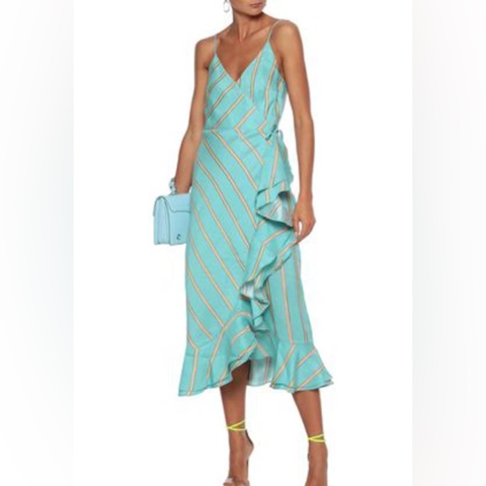 PAPER London Peonie Striped Ruffle Hem Wrap Linen Blend Midi Strappy Dress